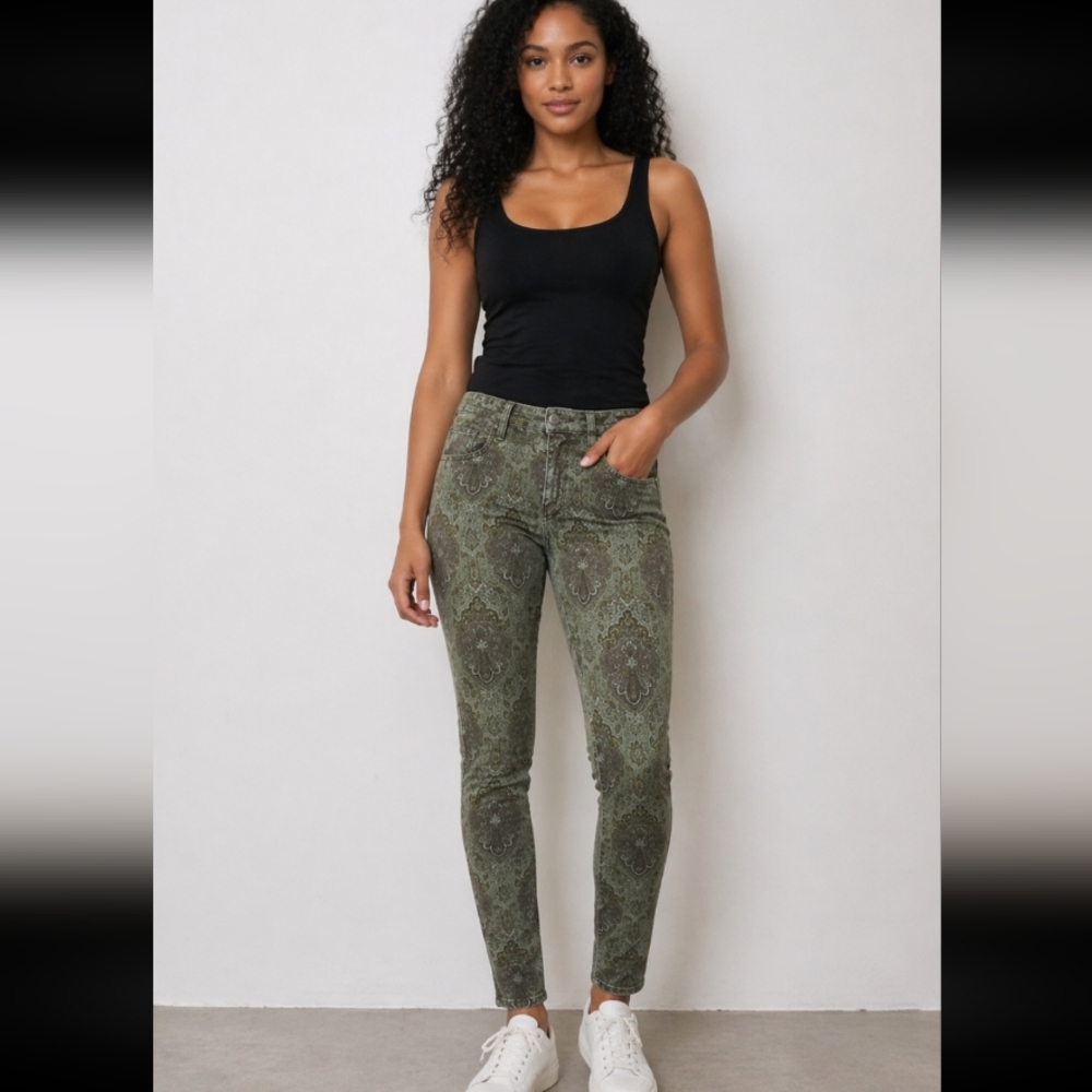 PAIGE Women's Verdugo Ultra Skinny Paisley Patterned Jeans  Olive Green 28